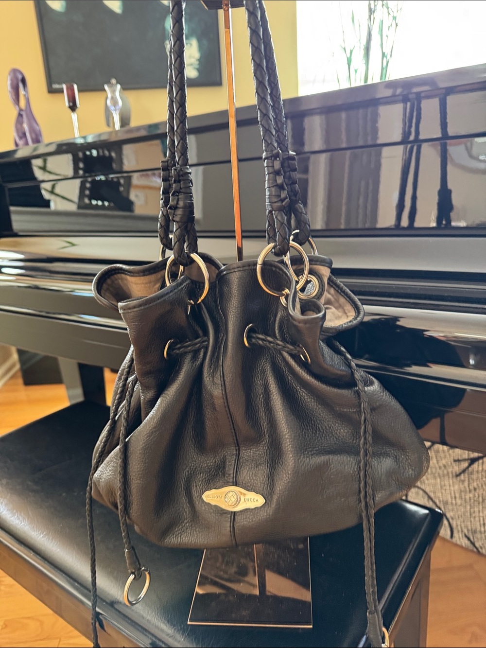 Elliott Lucca Black Braided Drawstring Shoulder Bag